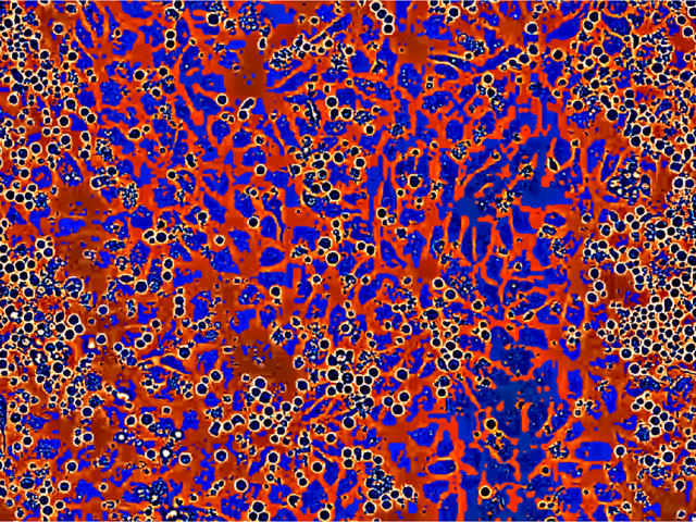 colorized greyscale image of blood cells expanding on top of vascular endothelial cells